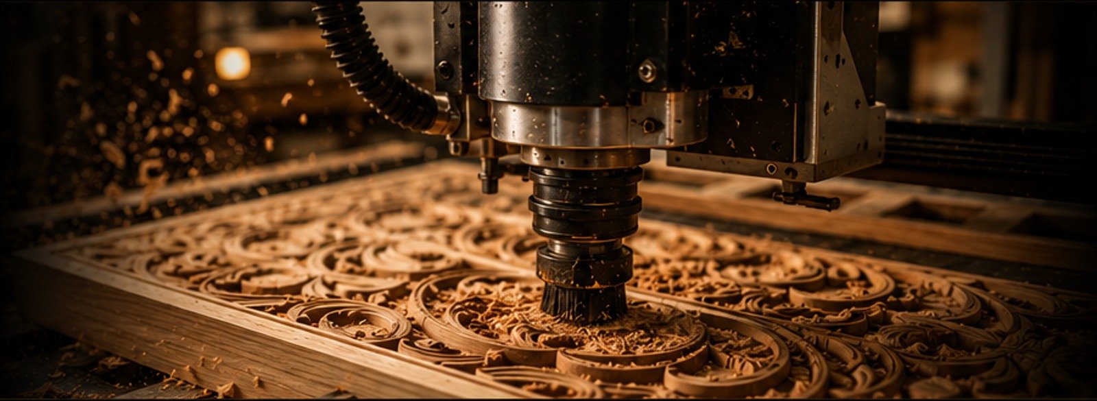 ORS CNC 1325 woodworking machine carving a wooden panel